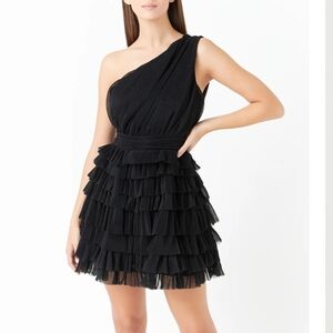 Endless Rose Tiered Tulle Mini Dress Black One Shoulder Structured Size Small